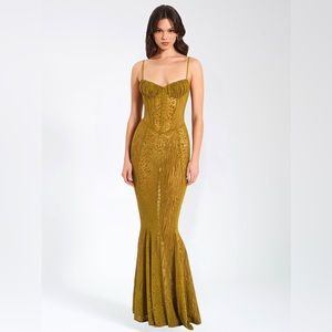 Miss Circle Ulani Gold Burnout Velvet Detail Mesh Maxi Dress